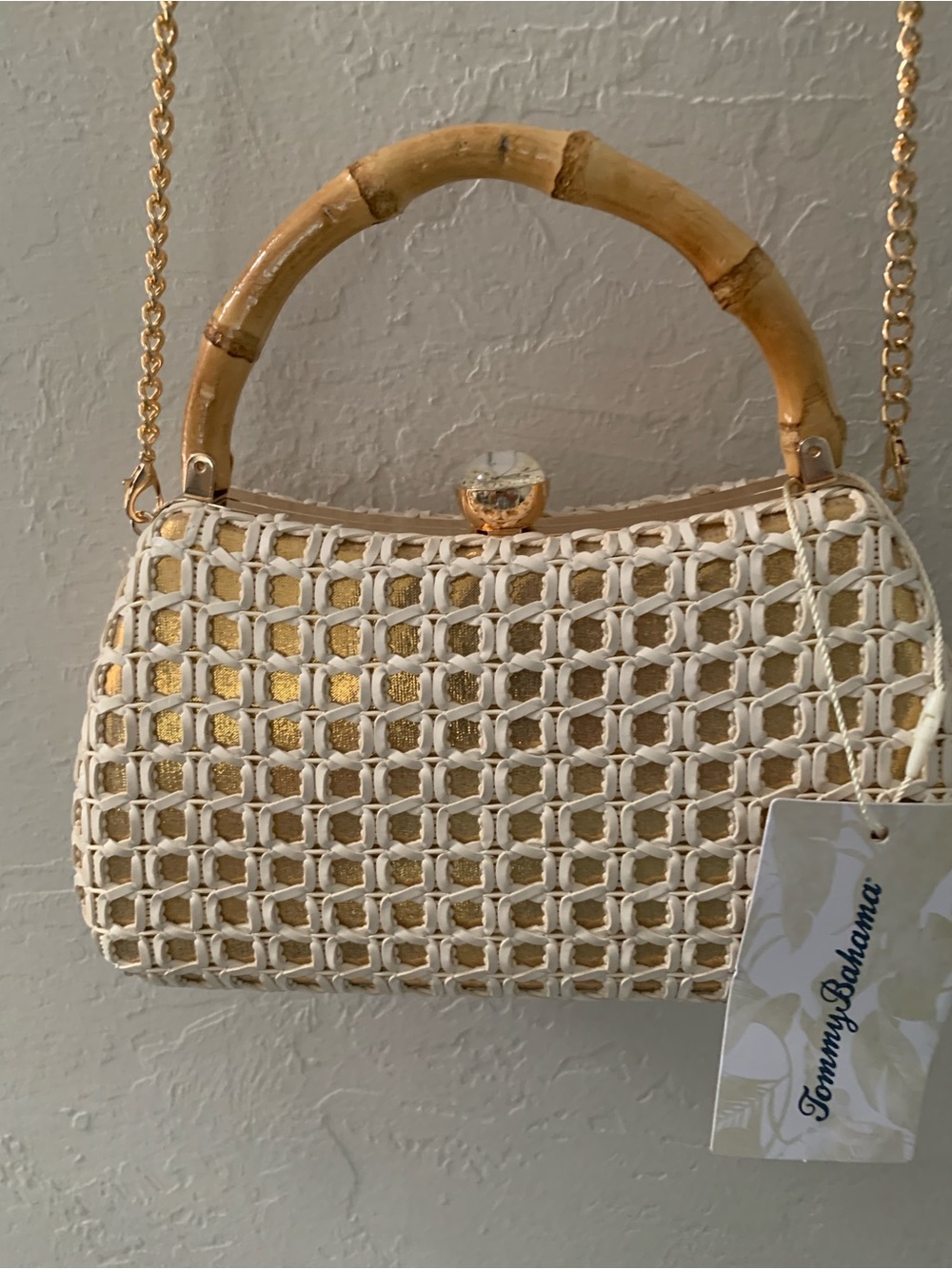 Tommy Bahama GoldCream Woven Clutch Bamboo Handle Gold Chain Strap Kiss Lock NWT - Picture 5 of 10